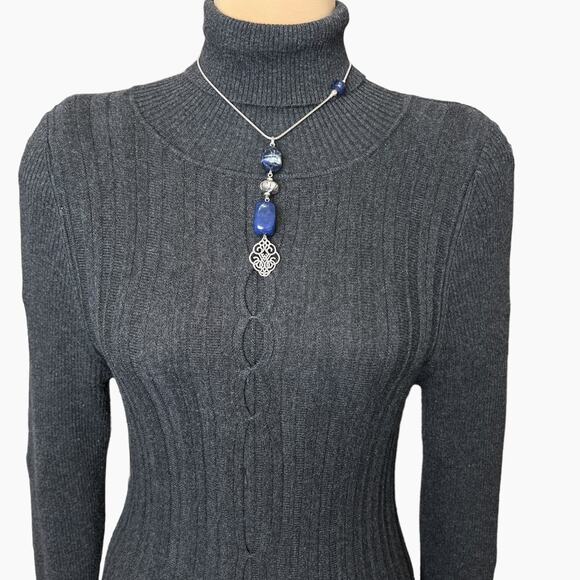 Chicos Beaded Pendant Necklace Tags Blue Silver Tone Pull Adjustable Slide Chain - Picture 3 of 10